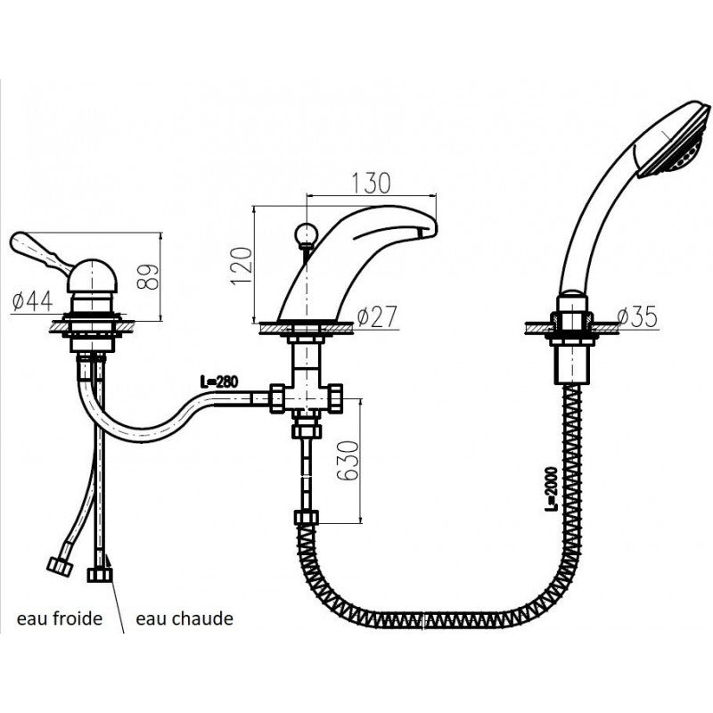Miscelatore vasca con cascata alta LABE 3 fori in ottone