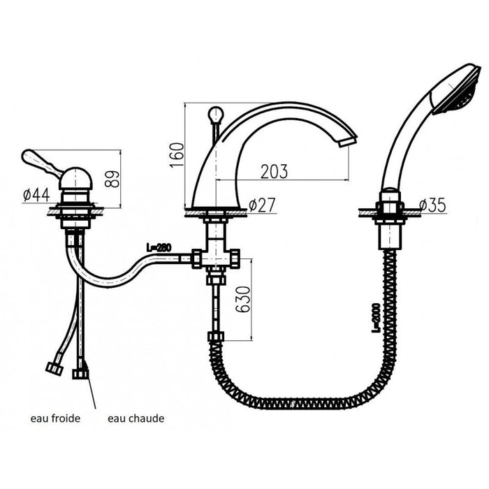 Miscelatore vasca con deviatore a 3 fori in ottone spazzolato