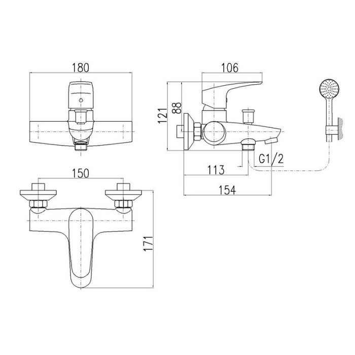 Miscelatore vasca a parete con deviatore con doccetta AMUR in ottone cromato