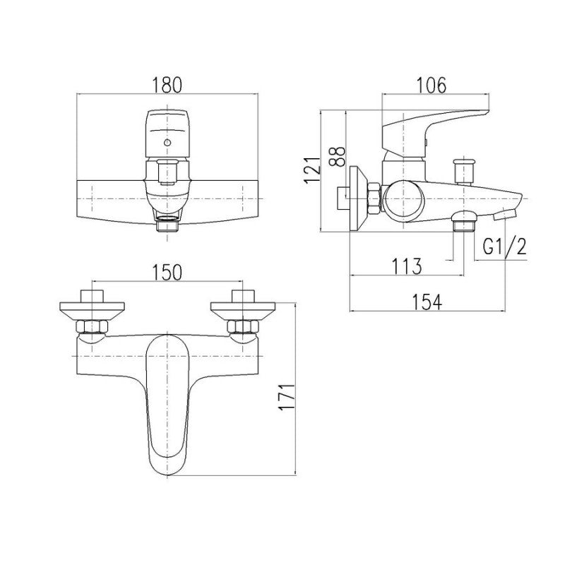 AMUR miscelatore vasca a parete con deviatore senza doccetta in ottone cromato