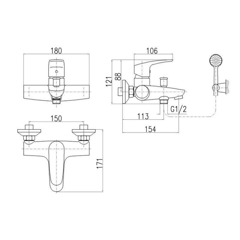 Miscelatore vasca a parete con deviatore e doccetta AMUR in ottone cromato