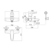 Miscelatore vasca a parete con deviatore e doccetta AMUR in ottone cromato