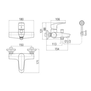 Miscelatore vasca a parete con deviatore e doccetta AMUR in ottone cromato