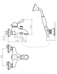 LABE miscelatore vasca a parete in ottone cromato, maniglia in ceramica con doccetta
