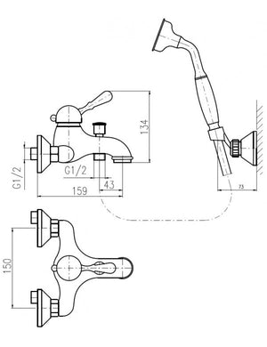 LABE miscelatore vasca a parete in ottone cromato, maniglia in ceramica con doccetta