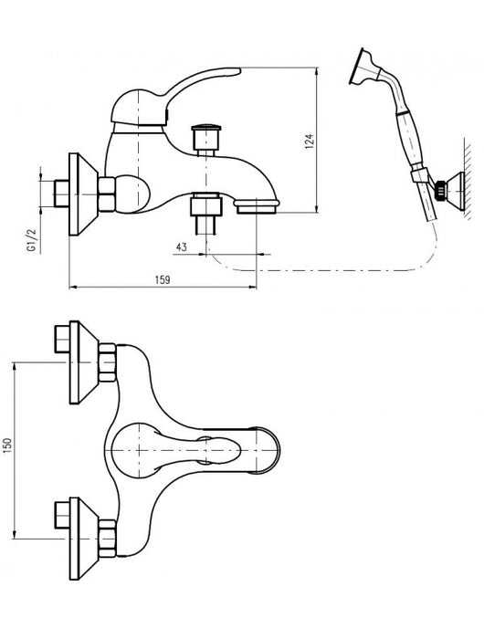 LABE miscelatore vasca a parete con doccetta in ottone dorato