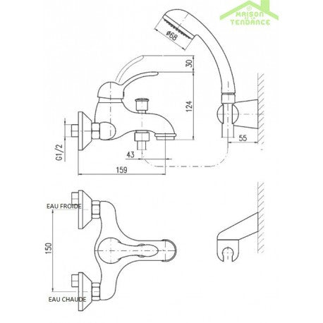 LABE miscelatore vasca a parete con spruzzatore in ottone nero oro opaco