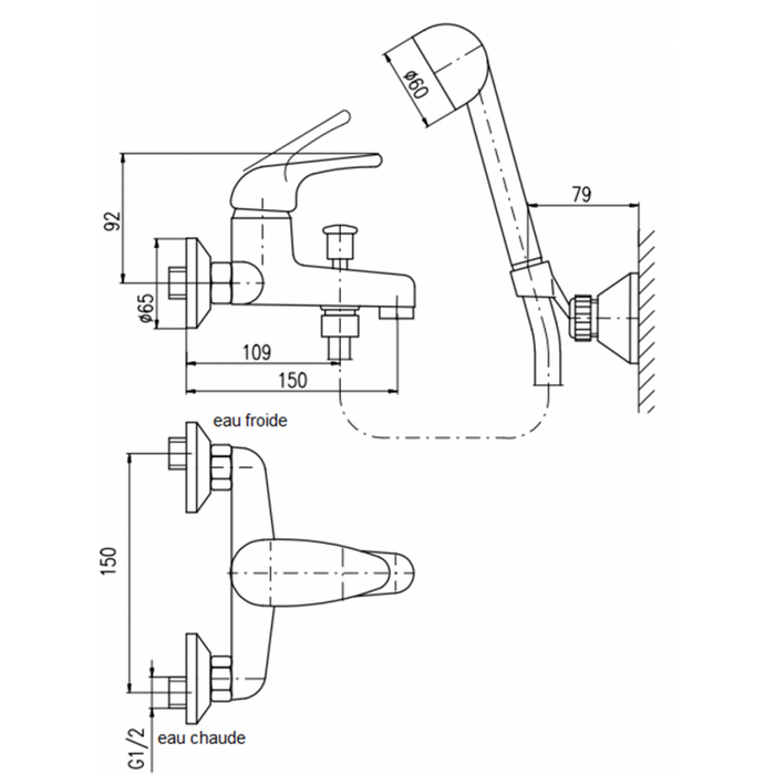 SAZAVA miscelatore vasca a parete in ottone cromato con doccetta