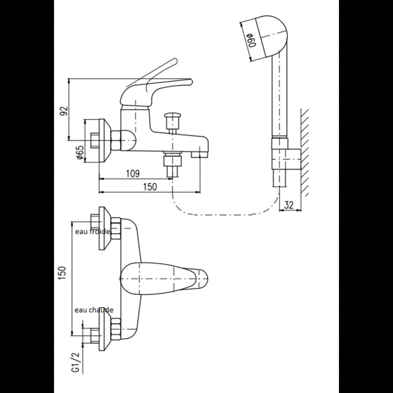 SAZAVA miscelatore vasca a parete con doccetta in ottone cromato