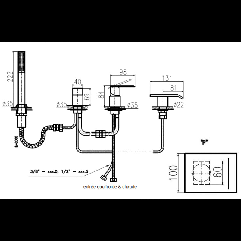 Miscelatore vasca ROYAL con cascata a 4 fori decorato con pietra di ottone placcato oro