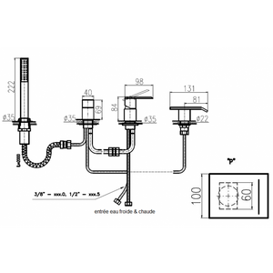 Miscelatore vasca ROYAL con cascata a 4 fori decorato con pietra di ottone cromato