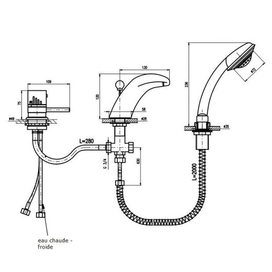 Miscelatore termostatico vasca a 3 fori con cascata in ottone cromato