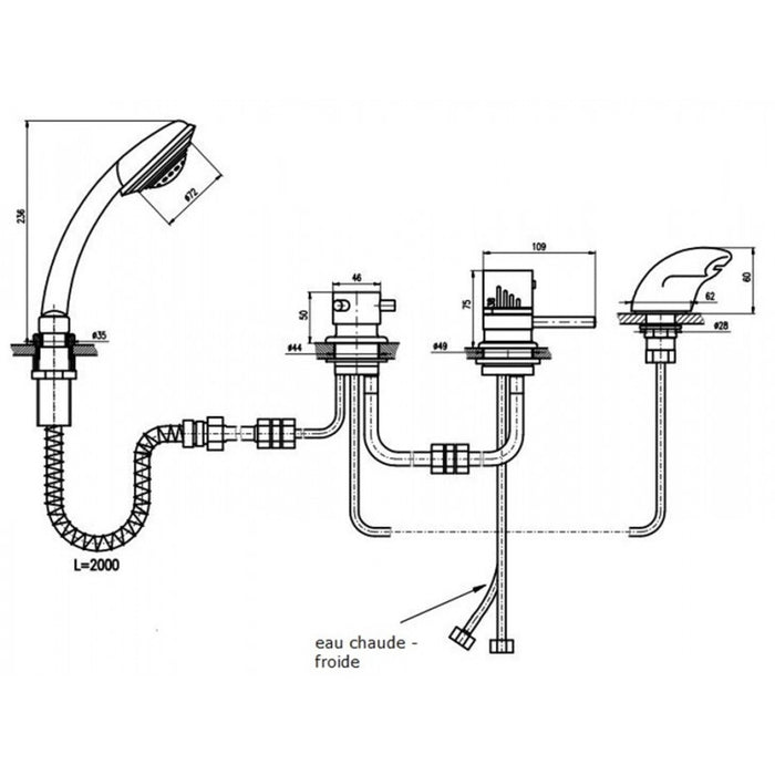 Miscelatore termostatico per vasca con vasca termostatica a 4 fori con deviatore in ottone cromato
