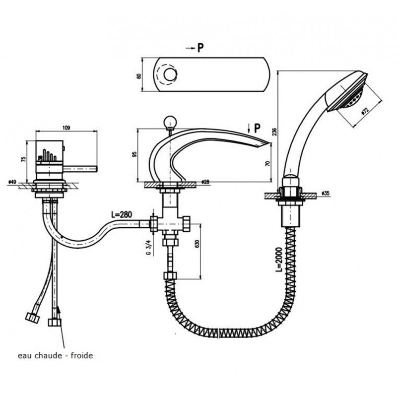 Miscelatore termostatico per vasca con cascata a 3 fori in ottone cromato