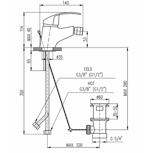 MISSISSIPPI miscelatore bidet con sifone in ottone cromato