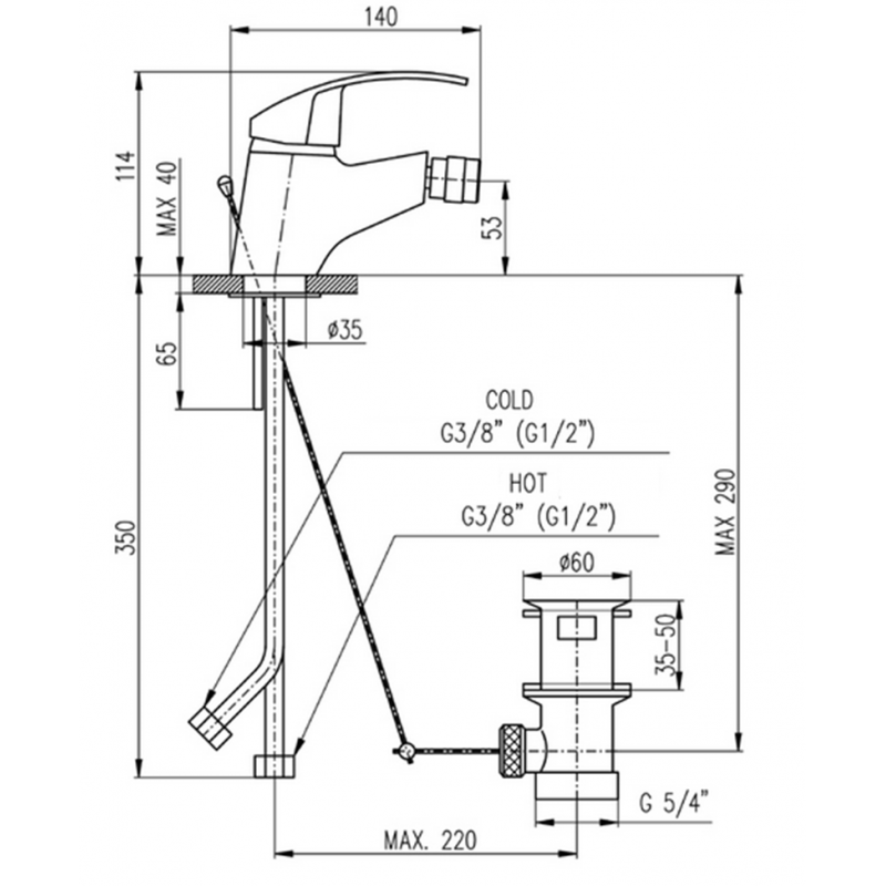 MISSISSIPPI miscelatore bidet con sifone in ottone cromato