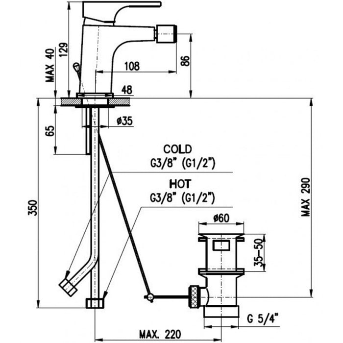YUKON Miscelatore per bidet in metallo spazzolato in ottone grigio con sifone