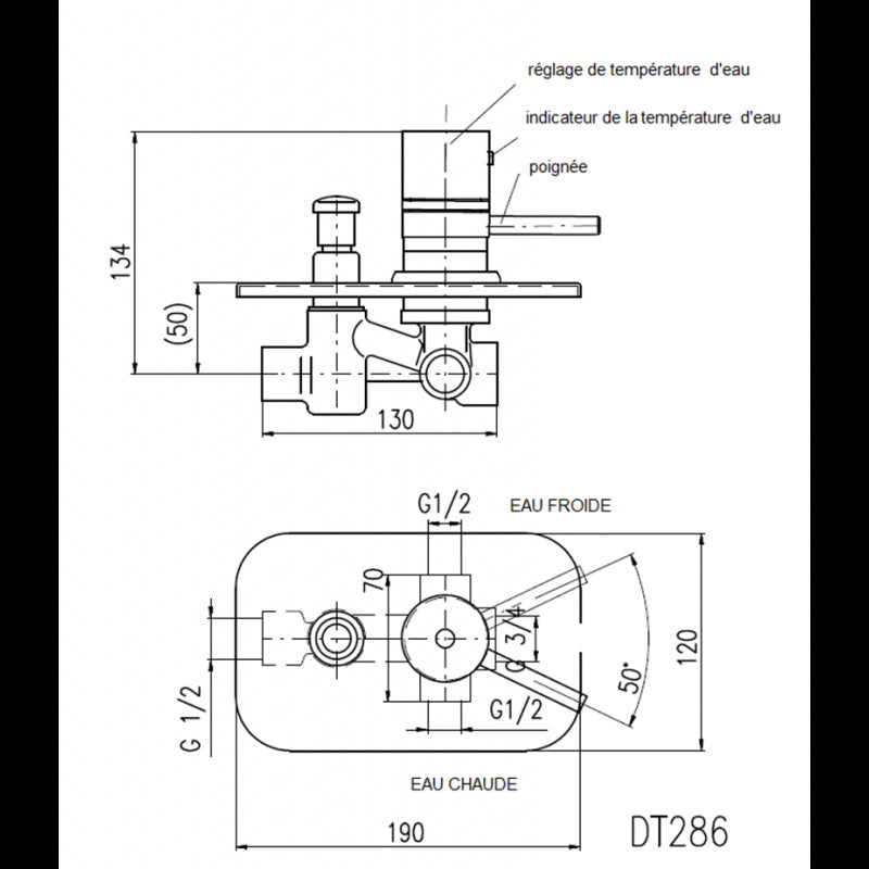 Miscelatore termostatico per doccia a parete con interruttore in ottone cromato