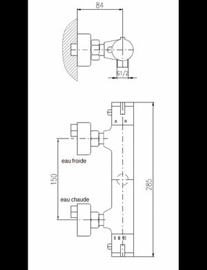 Miscelatore termostatico per doccia a parete cromato in ottone, scarico doccia basso