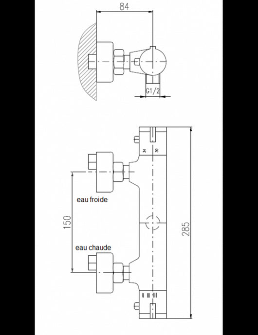 Miscelatore termostatico per doccia a parete cromato in ottone, scarico doccia basso