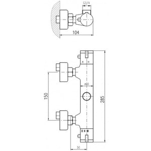 Miscelatore termostatico a parete per doccia in ottone cromato - uscita alta