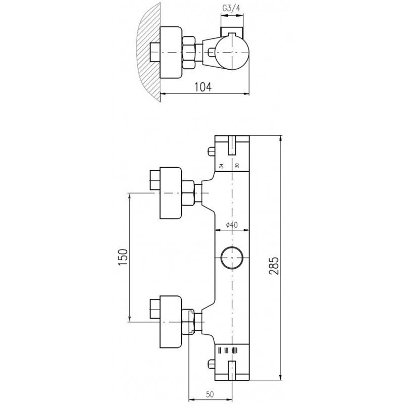 Miscelatore termostatico a parete per doccia in ottone nero - uscita dall'alto