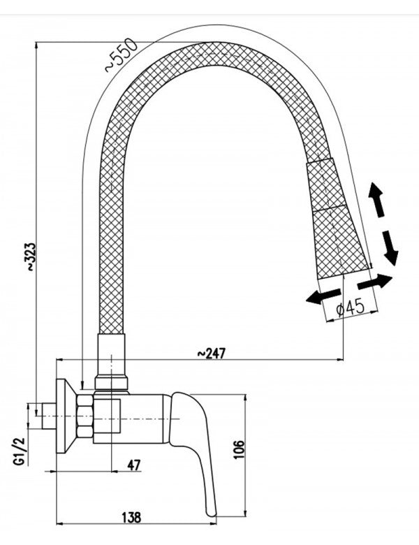 SAZAVA miscelatore flessibile per lavello a parete in memory foam in ottone cromato nero