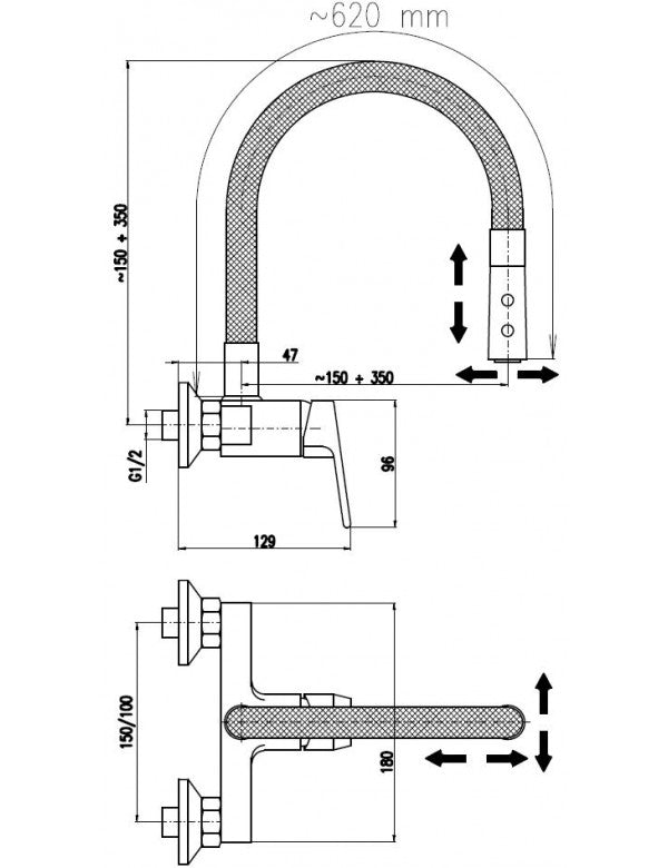 Miscelatore flessibile a parete grigio con memory foam COLORADO H. 35 cm