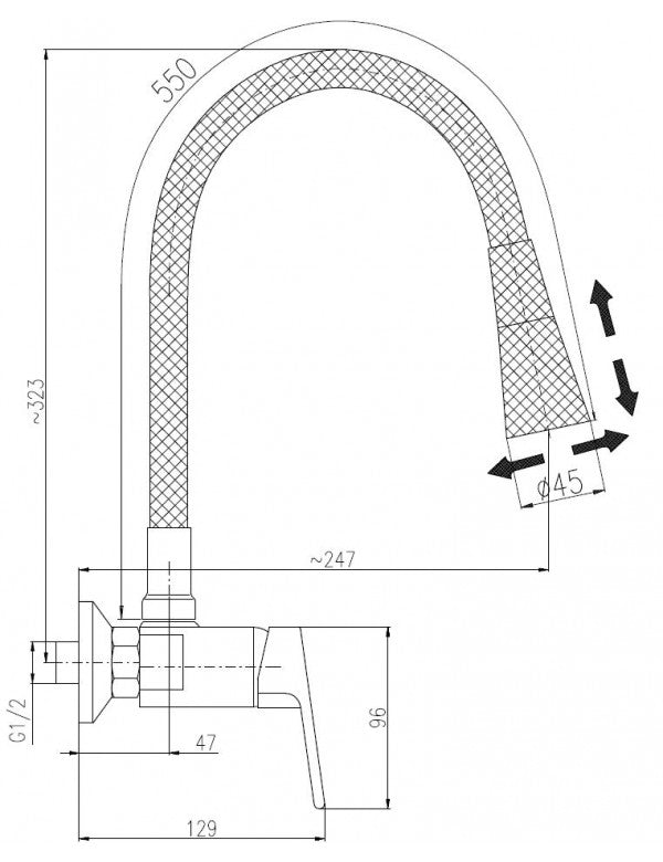 Miscelatore flessibile per lavello a parete in memory foam COLORADO nero H. 32,3 cm