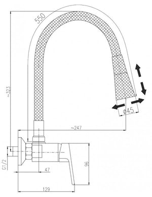 Miscelatore flessibile per lavello a parete in memory foam COLORADO nero H. 32,3 cm