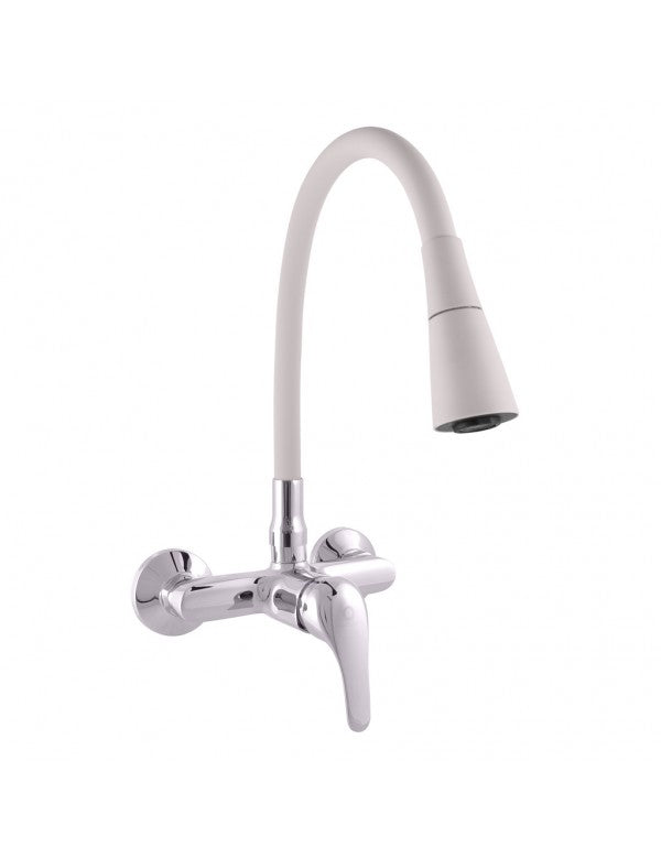 SAZAVA miscelatore flessibile per lavello a parete in memory foam in ottone cromato bianco