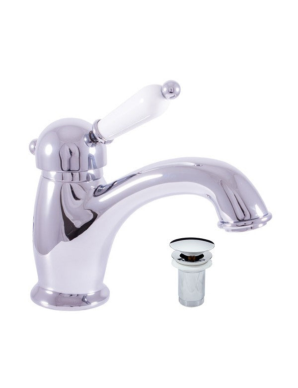 Miscelatore lavabo LABE in ottone cromato con maniglia in ceramica con sifone