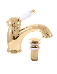 Miscelatore lavabo LABE con sifone in ottone dorato con manico in ceramica