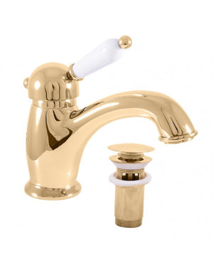 Miscelatore lavabo LABE con sifone in ottone dorato con manico in ceramica