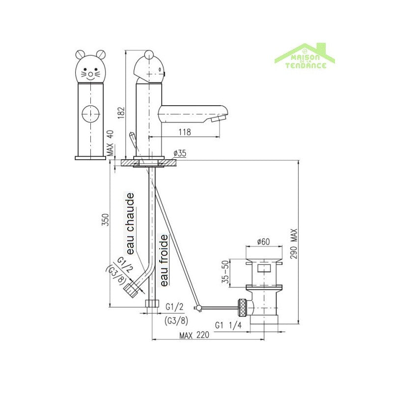 Miscelatore lavabo LABE in ottone dorato con sifone