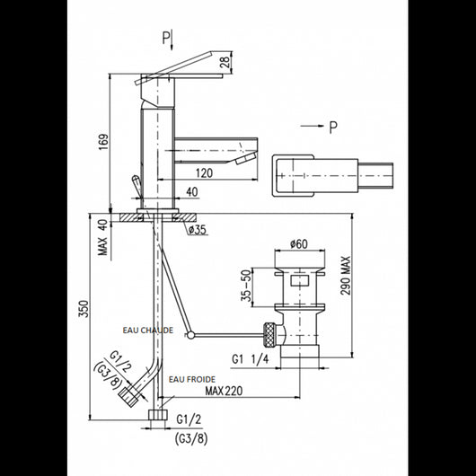 Miscelatore lavabo LOIRA con sifone in ottone dorato