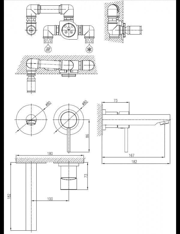 SEINA miscelatore lavabo incasso a parete in ottone dorato ⌀ 8cm