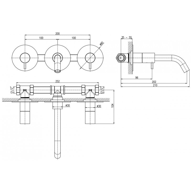 SEINA miscelatore lavabo a parete con 3 fori in ottone cromato