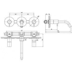 SEINA miscelatore lavabo a parete 3 fori in metallo spazzolato ottone grigio