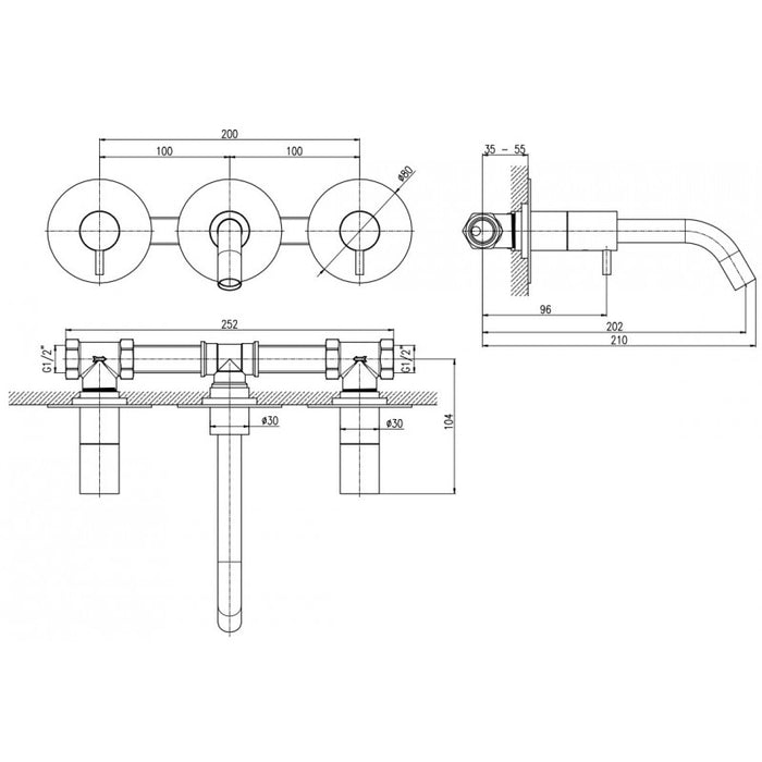 SEINA miscelatore lavabo a parete 3 fori in ottone oro rosa lucido