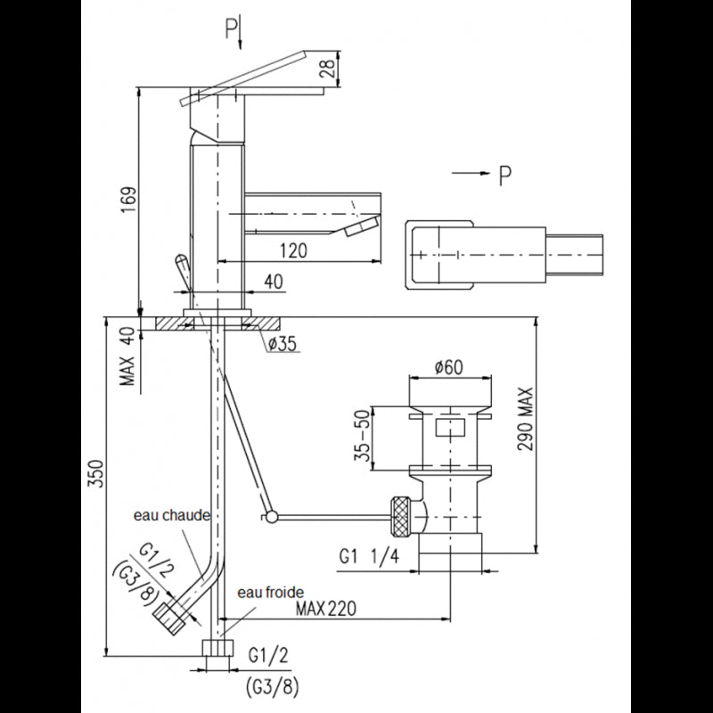 Miscelatore lavabo ROYAL con sifone decorato con pietre in ottone cromato
