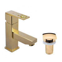 Miscelatore lavabo ROYAL con sifone decorato con pietre in ottone placcato oro