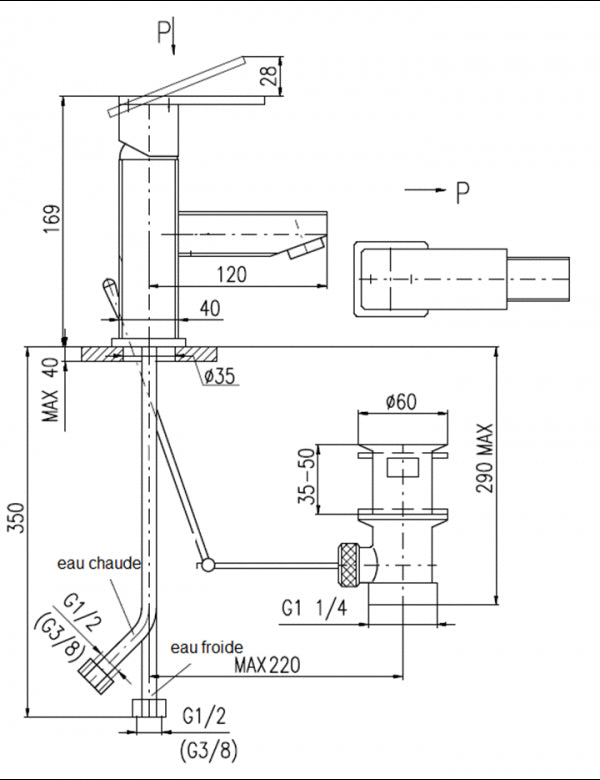 Miscelatore lavabo ROYAL con sifone decorato con pietre in ottone placcato oro