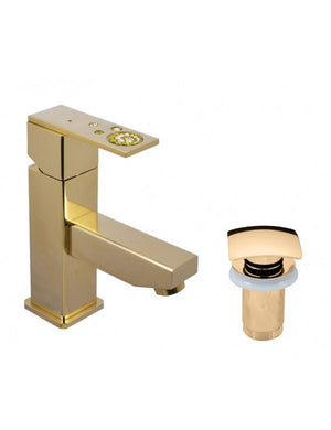 Miscelatore lavabo ROYAL con sifone decorato con pietre in ottone cromato
