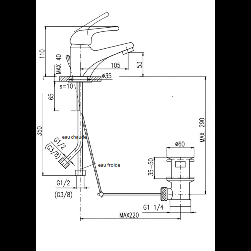 Miscelatore lavabo SAZAVA in ottone cromato con sifone