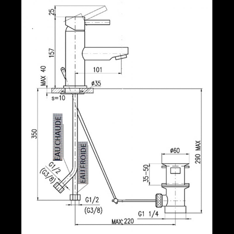 SEINA miscelatore lavabo con sifone in ottone cromato