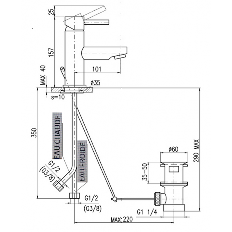 SEINA miscelatore lavabo con sifone in ottone cromato