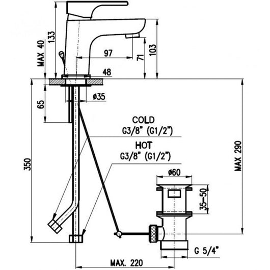 Miscelatore lavabo YUKON in ottone cromato con sifone