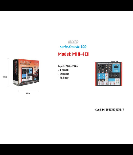 Mixer Audio 4ch Equalizzatore 2 Ingressi Mic Xlr Phantom Usb Mp3 Display Maxtech Mix-4ch         