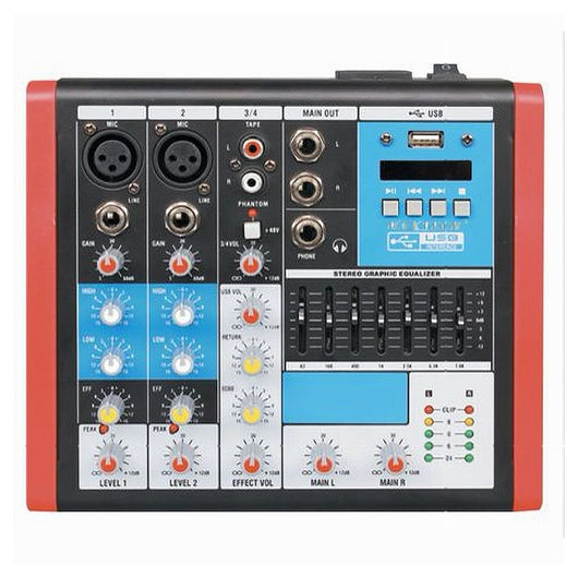 Mixer Audio 4ch Equalizzatore 2 Ingressi Mic Xlr Phantom Usb Mp3 Display Maxtech Mix-4ch         